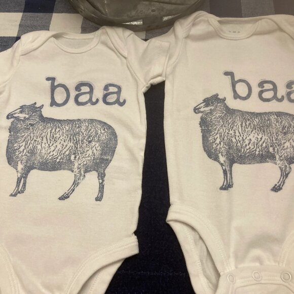 Farm House Stamped Baby Onesie, Sheep, Baa-Baa, Blue Stamping, Boy or Girl - Picture 4 of 4